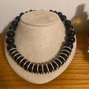 Vintage 80’s Statement  Black Bead Necklace with Silver Tone Accent Discs